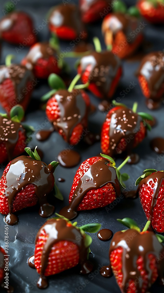 Beautiful presentation of Chocolate-covered strawberries, hyperrealistic food photography