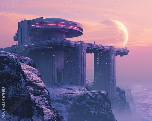 Alien planet, futuristic structure, sci-fi landscape, purple sky, photography, double exposure, golden hour photo