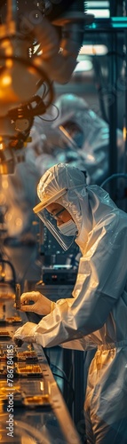 Amid a high-tech manufacturing facility  workers in cleanroom suits assemble semiconductor chips with robotic precision The scene is bathed in a soft golden hour glow