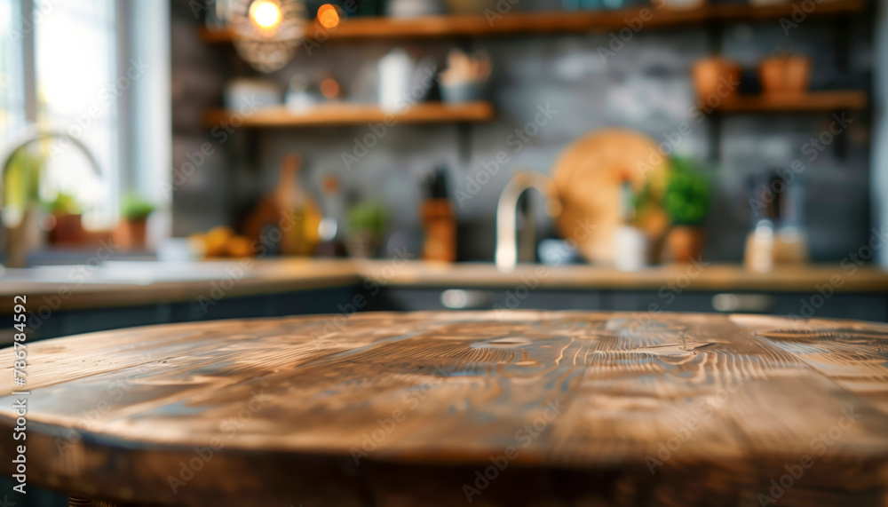 brown wooden round table top blurred defocused modern kitchen interior background,Beautiful empty, with daylight flare,sink, shelf, product montage display,banner brown wooden round table top blurred defocused modern kitchen interior background,Beautiful empty, with daylight flare,sink, shelf, product montage display,banner