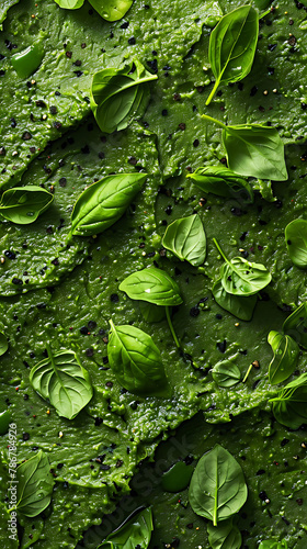 Beautiful presentation of Cilantro pesto spread in a speckled pattern, hyperrealistic food photography