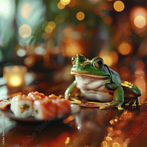 Frog with Sushi on Table