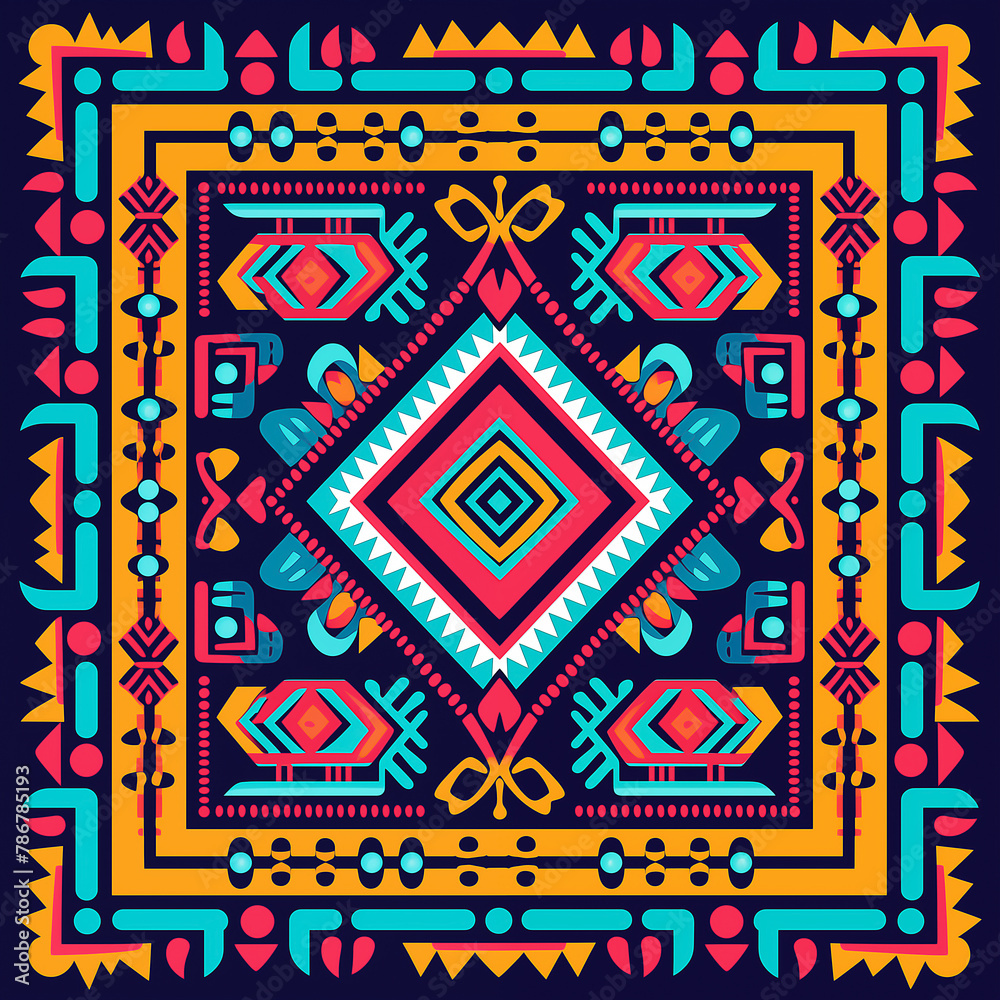 print design in the style of ethnic carpet patterns, Aztec art and African textile designs. Red blue yellow orange