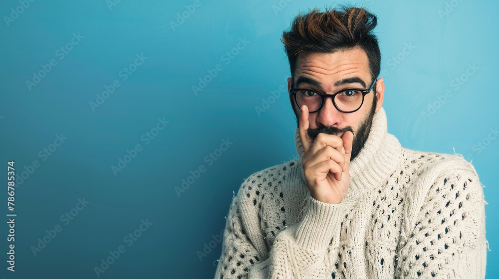 Obraz premium Surprised caucasian man shocked blue background, Teel secret concept