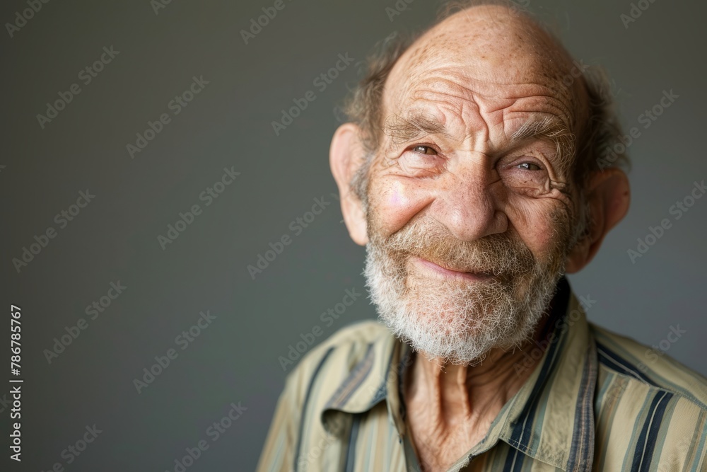 Portrait of a happy senior man smiling at the camera while standing against grey background Portrait of a happy senior man smiling at the camera while standing against grey background