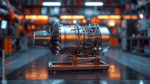 During maintenance, the gas turbine engine is shut down when the airplane is parked at the airport. The mechanic and technician repair the hydraulics and inspect the power plant's systems. photo