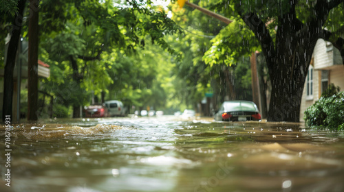 City street, flood or water with danger, property damage or extreme weather with rainfall, insurance claim or emergency. Taiwan, danger or global warming with road closure, climate change or disaster photo