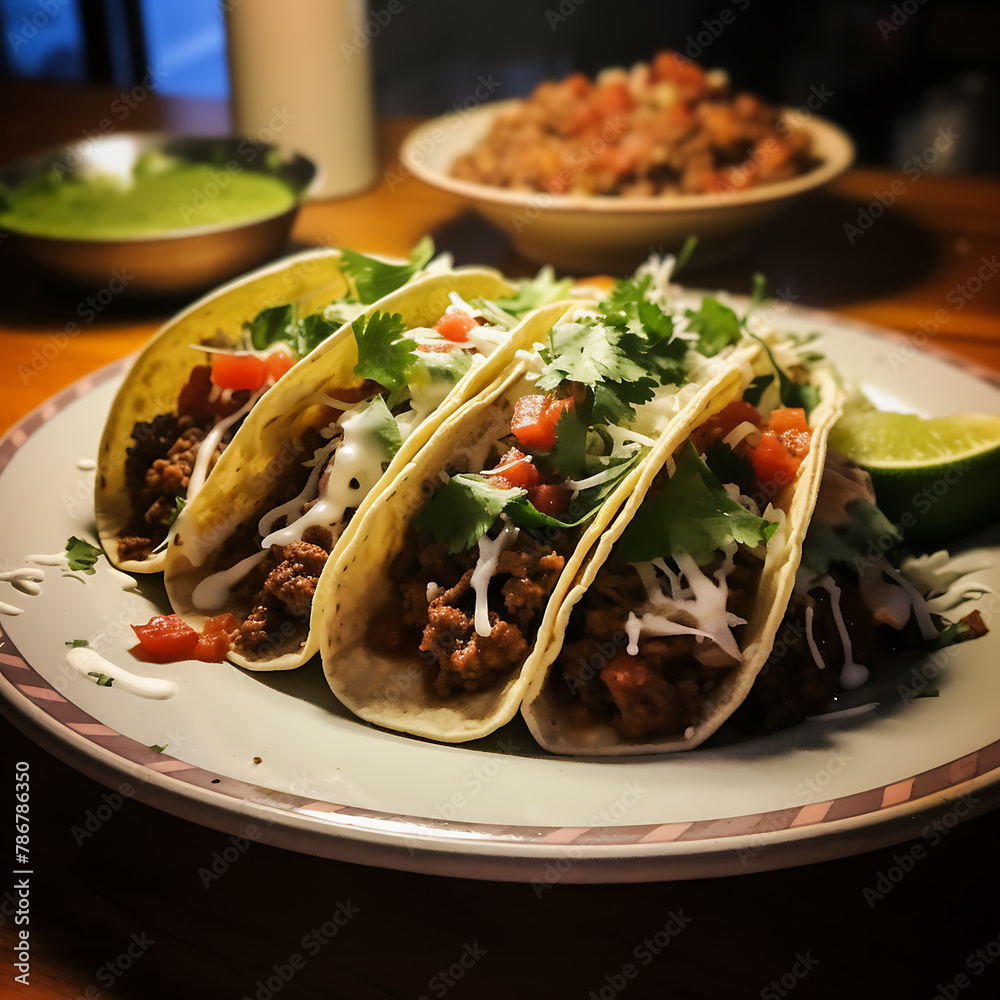Mexican tacos with meat, cilantro and lime on a plate Mexican tacos with meat, cilantro and lime on a plate