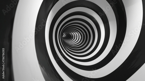 A black and white spiral pattern inside a tunnel  representing conceptual sculptures  muted surrealism  unmodulated color  and minimal sculpture.