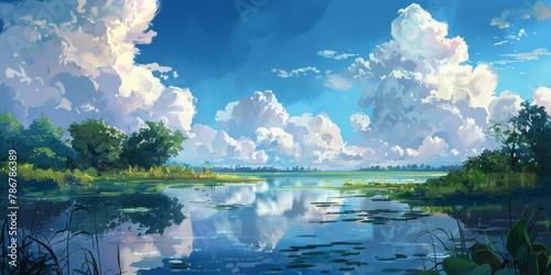 A landscape features clouds over a water body, charming anime characters, villagecore, plein air landscapes, and tropical landscapes. photo