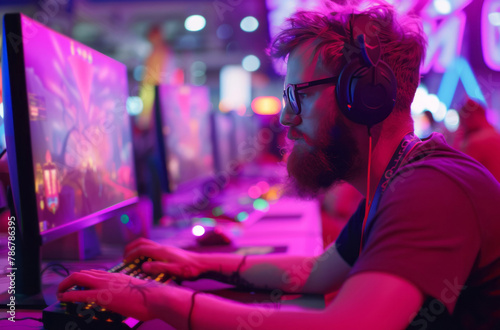 A man is engaged in a computer game at a convention, surrounded by an intense atmosphere in hues of light violet and pink.