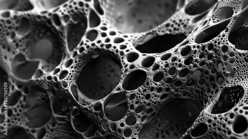 Micro pores of biological tissue are intricately sculpted in gray and black, reflecting tangled nests in a hyperrealism and photorealism style.