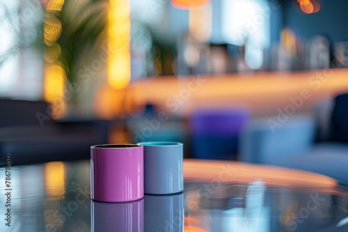 Colorful objects are arranged on a table in a modern apartment, set against a bokeh panorama in violet hues, reflecting industrial and product design elements in gray.