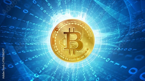 Golden Bitcoin centered in a digital blue tunnel formed by binary code data streaming