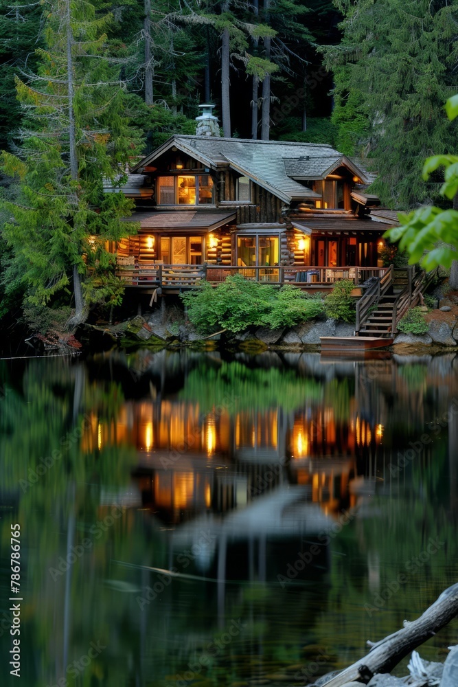 A cozy lakeside lodge nestled in the forest, with rustic log cabins, crackling fireplaces, and panoramic views of the tranquil waters, Generative AI