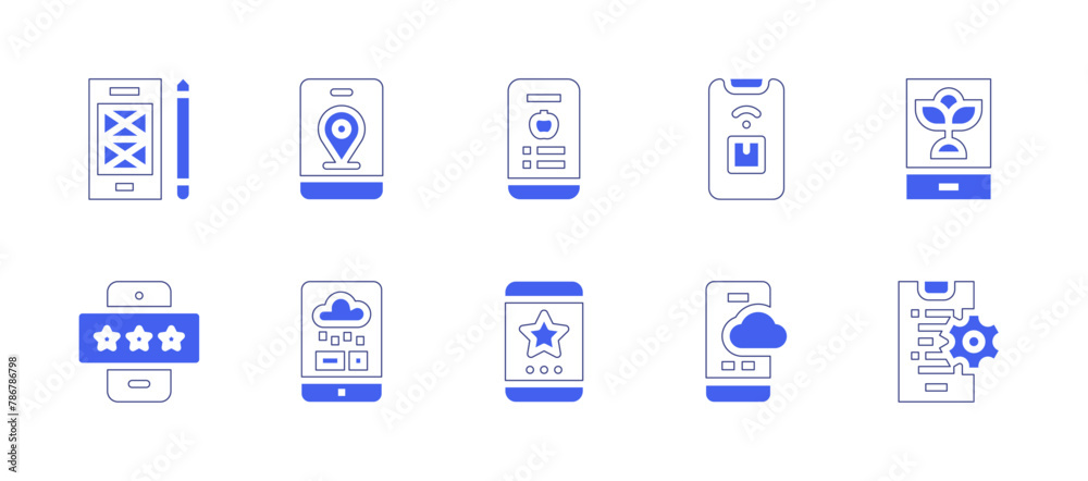 App icon set. Duotone style line stroke and bold. Vector illustration. Containing rating, coding, star, prototype, weather app, tracking app, app.