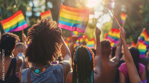 Group of people celebrating the pride month on a pride event, Diverse young friends celebrating gay pride festival - LGBTQ community concept, People With Rainbow Flags Attending a Gay pride. 