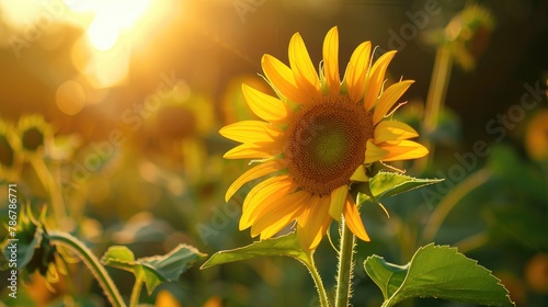 Sunflower with a green stem illuminated by the sun