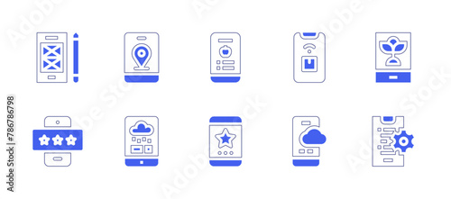 App icon set. Duotone style line stroke and bold. Vector illustration. Containing rating, coding, star, prototype, weather app, tracking app, app. © Huticon