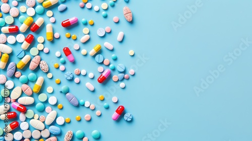 Medical Pills on Blue Background with Copy Space