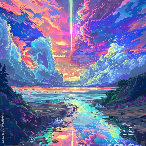 Illustrate the enchanting world of rear view Microcosms with a unique twist, blending pixel art and glitch art styles to create a mesmerizing portrayal of natural wonders