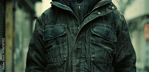 Close up of a man in a jacket on the street.