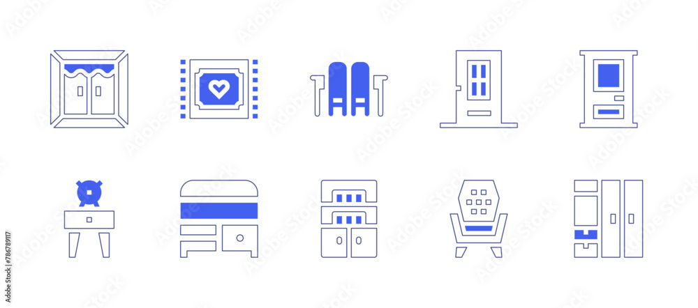 Home furniture icon set. Duotone style line stroke and bold. Vector illustration. Containing window, door, rug, cupboard, armchair, dinner table, nightstand, wardrobe, buffet.