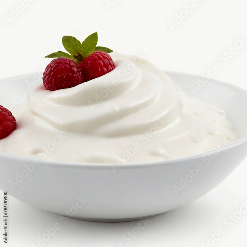 Yogurt in white bowl, cut out on white background