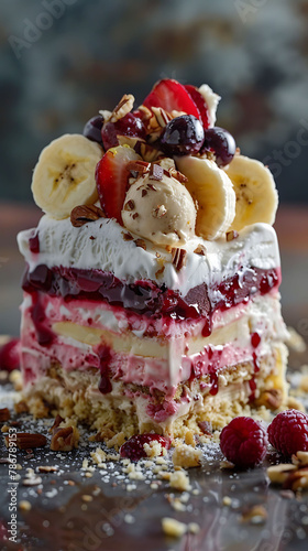 Beautiful presentation of Banana split ice cream cake, hyperrealistic food photography