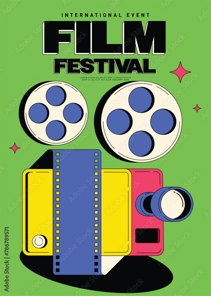Naklejka premium Movie festival poster template design with film camera modern vintage retro style