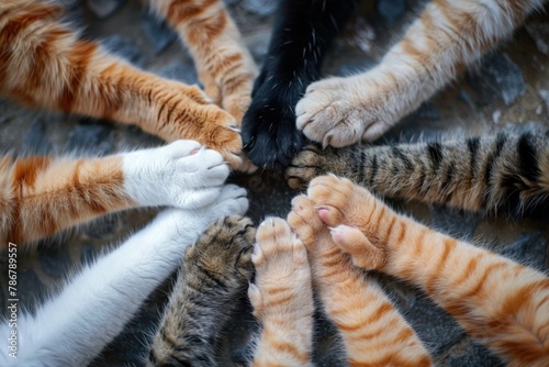 A photo of the paws of several cats in the center, symbolizing teamwork..