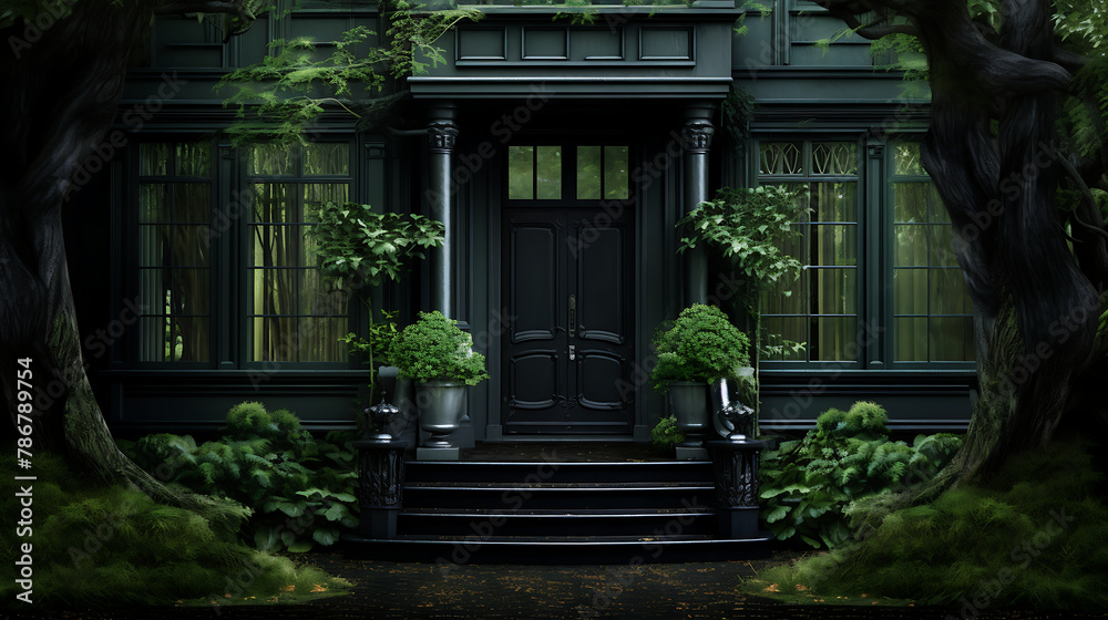 Beautiful green garden in front of the house with a black door