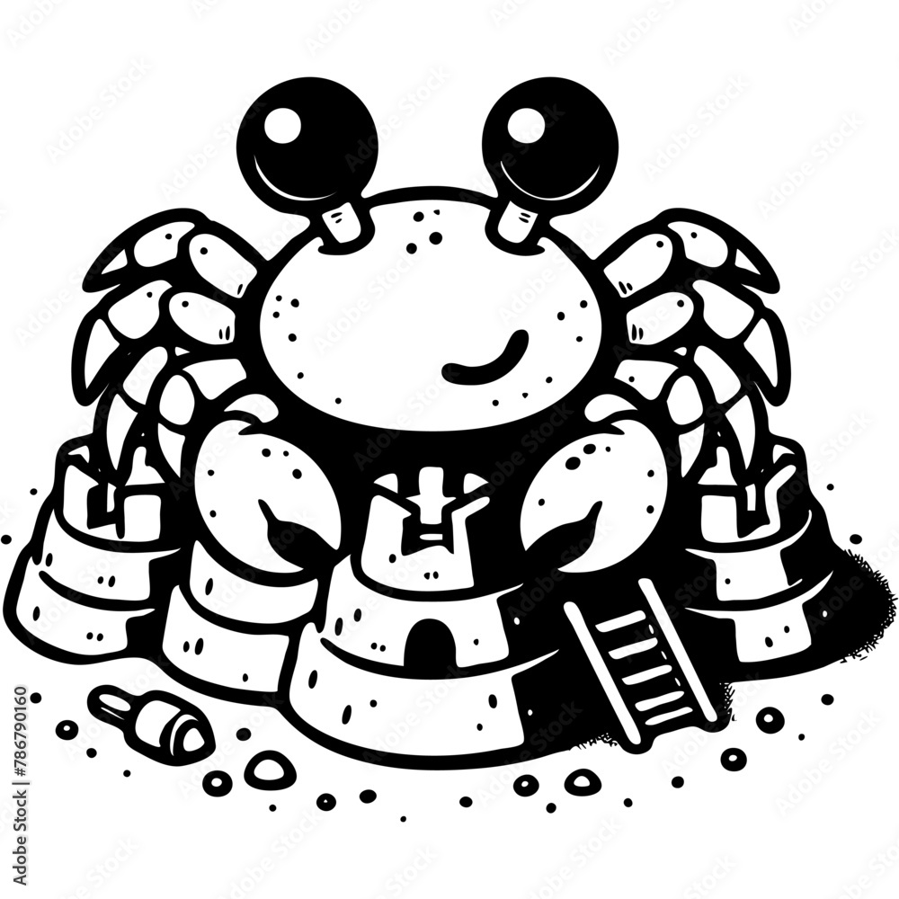 Baby crab builds sand castle on sea beach in monochrome. Children games on beach. Simple minimalistic vector in black ink drawing on transparent background Baby crab builds sand castle on sea beach in monochrome. Children games on beach. Simple minimalistic vector in black ink drawing on transparent background