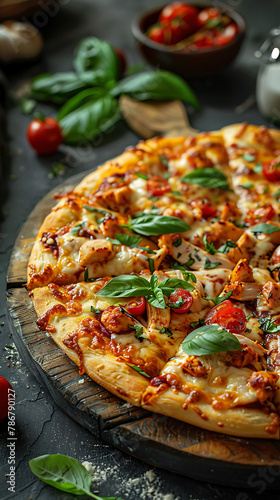 Beautiful presentation of BBQ Chicken Pizza, hyperrealistic food photography