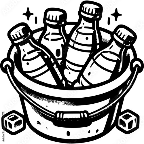 Drink bucket filled with cold water bottles and ice. Bowl with ice for cooling soda. Simple minimalistic vector in black ink drawing on transparent background