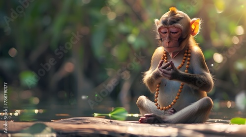 Serene Monkey Meditating with Mala Beads in Peaceful Natural Setting