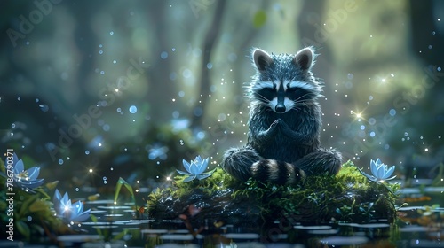 Mischievous Raccoon in Lotus Pose Pondering Life Amidst Sparkling Moss Covered Rock © vanilnilnilla