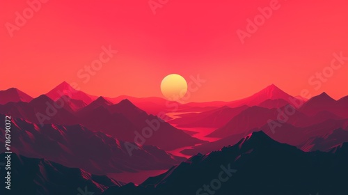 A mountain range with a red sun in the sky