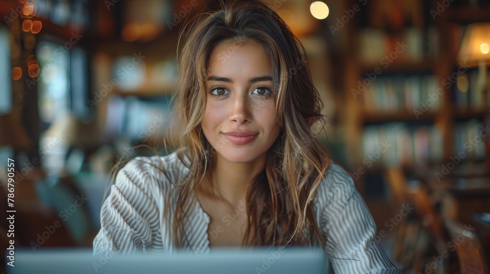 A close-up of a determined Hispanic businesswoman working on a laptop. A close-up of a determined Hispanic businesswoman working on a laptop.