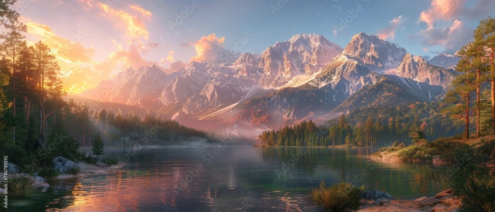 A beautiful mountain range with a lake in the foreground.