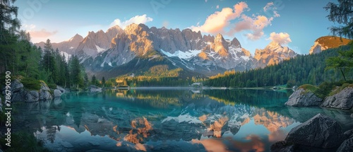 A beautiful mountain range with a lake in the foreground. The lake is calm and reflects the mountains in the distance. The sky is clear and the sun is shining brightly, creating a serene photo