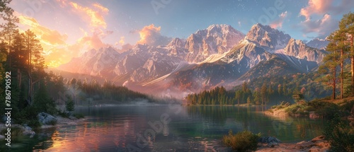 A beautiful mountain range with a lake in the foreground. photo
