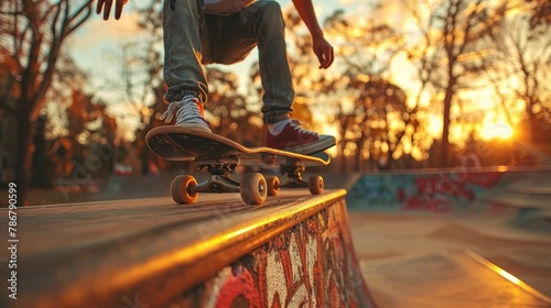 A man is skateboarding on a ramp with graffiti on the wall. The sun is setting in the background, creating a warm and inviting atmosphere photo