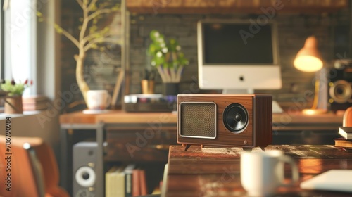 Vintage-designed wireless speaker at a cozy workplace, a nostalgic nod to musical entertainment