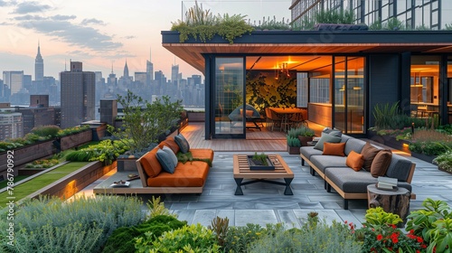 Modern Rooftop Terrace Garden with City View at Twilight