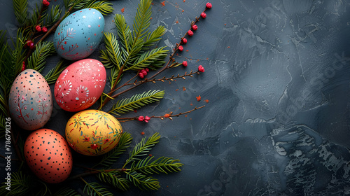Colorfully painted Easter eggs nestled among fresh pine branches, celebrating tradition and the vibrancy of spring, ideal for holiday decor inspiration