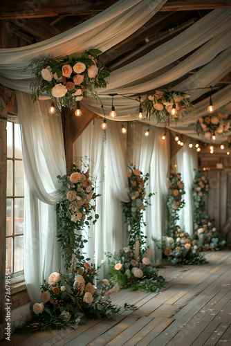 Indoor ceremony site with flowers and drapery, a delicate dance of elegance and nature, Vintage Elegance and Botanical Beauty, Serene Nuptials Concept, Ideal for Wedding Styling Guides, copy space