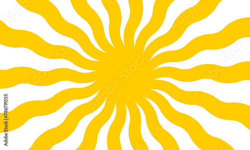 Yellow sun with wavy rays background. Poster with sunburst, sunrise or sunset in trendy 60 s 70s 80s groovy style. Preppy summer theme background. Modern psychedelic print. Vector flat illustration.