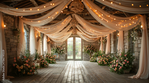 Rustic barn transformed with drapes and lights  a fairytale setting for  I dos   Countryside Elegance and Romantic Ambiance  Dreamy Wedding Concept  Perfect for Bridal Magazines  copy space