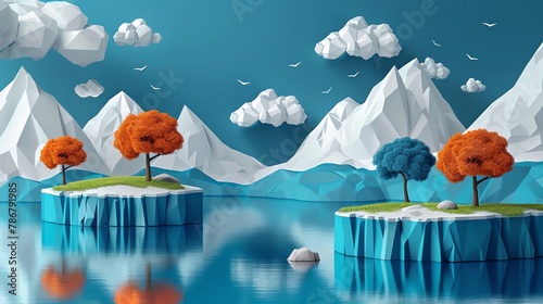 Immerse in a surreal dreamscape with towering crystal trees, mirrored lakes, and floating islands reflecting fractured identities Digital rendering techniques, twisted perspective capturing hidden fea photo